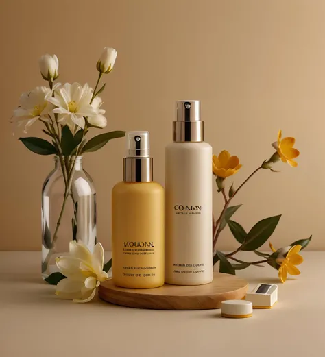 cosmetics, simple background, flower, bottle, yellow flower, <lora:product_design_v3:0.6>