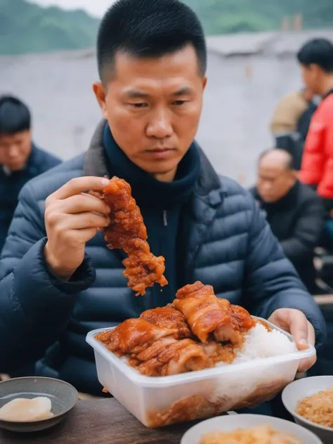 A man at a construction site is eating Longjiang Pork Knuckle Rice from a plastic box, construction site background<lora:1121212_v1.0:0.8>