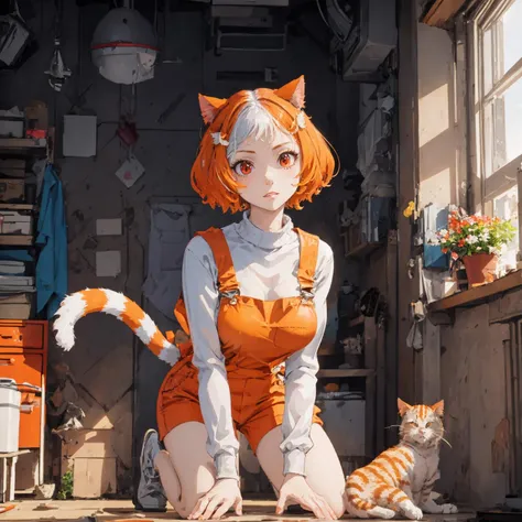 1girl, smug, (((Kneeling on one knee and looking upward))),  flowers, Tropical palm trees , Futuristic spaceship interior , ((multicolored hair)), orange hair, white hair , very large breasts , (((cat girl))), cat tail, cat ears ,  animal ears, tail, hair ornament, (cat ears), red eyes, multicolored hair, (((orange clothing))), solo, white hair, short hair, (cat tail), (fish hair ornament),  orange hair, indoors, white shirt, ( orange overalls), hairclip, sweater, cat girl, long sleeves, animal ear fluff