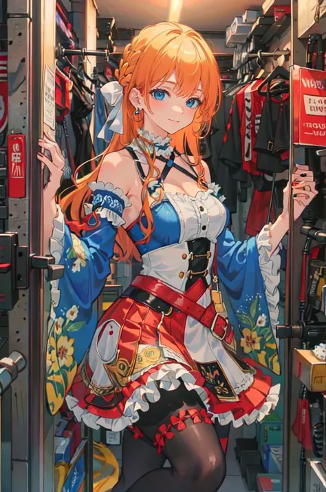 <lora:Uruchan_style:0.7> Urachan, white and blue theme,, ultra detailed, masterpiece, best quality, aesthetic, detailed,, solo, soft smile, light smile,
1girl, blue eyes, very long hair, blonde hair, long blonde hair, french braid, bangs, medium breasts,, hair ribbon, frilled choker, criss-cross halter, sleeveless dress, high-waist skirt, backless dress, waist bow, detached sleeves, frilled sleeves, wide sleeves, pantyhose, patterned legwear, mary janes,