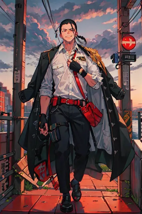 solo,  <lora:Uruchan_style:0.7> Urachan,, ultra detailed, masterpiece, best quality, aesthetic, detailed,, solo, smug smile, 1boy, red eyes, <lora:Tsurime3:0.7>, (tsurime:1.2), black hair, undercut, top knot, parted bangs, long bangs, bangs, short hair, hair intakes, tall,, <lora:StS-Coat-and-Jacket-On-Shoulders-Iteration2:0.7> dataset, jacket on shoulders, (coat on shoulders:1.3), black coat, dress shirt, sleeves rolled up, fingerless gloves, holster, pants, belt, multiple belts, combat boots, bulletproof vest, tactical clothes,