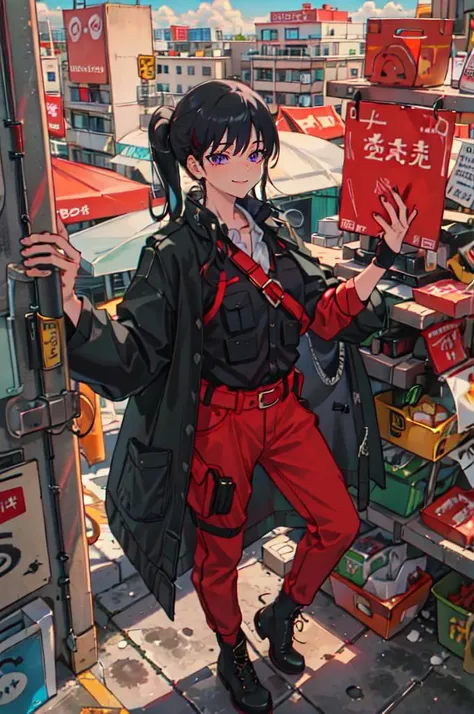 solo, <lora:Uruchan_style:0.7> Urachan,, ultra detailed, masterpiece, best quality, aesthetic, detailed,, solo, smug smile, 1girl, purple eyes, red-framed eyewear, (black hair, red colored tips:1.2), red streaked hair, very long hair, side ponytail, tied hair, medium breasts,, <lora:StS-Coat-and-Jacket-On-Shoulders-Iteration2:0.7> dataset, jacket on shoulders, coat on shoulders, red dress, sleeves rolled up, fingerless gloves, holster, belt, multiple belts, combat boots, bulletproof vest, pants, black coat, tactical clothes,
