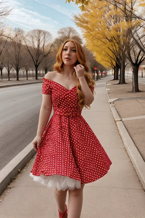 high quality photo of <lora:heycam:1.2> heycam
<lora:p0lkad0tp1nup:0.8> p0lkad0tp1nup, bare shoulders, high heels, red dress, off-shoulder dress, polka dot dress,
Style-GHL, <lora:fingers4civitai:2>