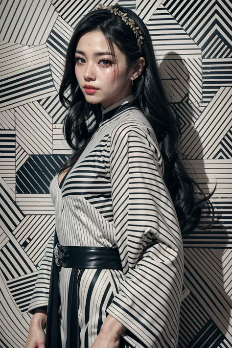 (realistic:1.3), finely detailed, quality, rembrandt lighting, (masterpiece:1.2), (photorealistic:1.2), (best quality), (detailed skin:1.3), (intricate details), dramatic, ray tracing, 1girl, japanese girl, 21 years old, detailed skin texture, (blush:0.5), (goosebumps:0.5), subsurface scattering, smiling, medium breasts, long hair curls, bangs, hair between eyes, high fashion designer clothes, (sd_mai, Geometric design style:1.4), cowboy shot, (bright sunny day, high fashion photoshoot), <lora:Geometric design style:0.8>