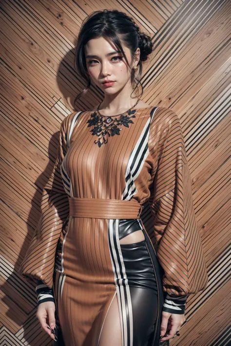 (realistic:1.3), finely detailed, quality, rembrandt lighting, (masterpiece:1.2), (photorealistic:1.2), (best quality), (detailed skin:1.3), (intricate details), dramatic, ray tracing, 1girl, japanese girl, 21 years old, detailed skin texture, (blush:0.5), (goosebumps:0.5), subsurface scattering, smiling, medium breasts, updo hair, bangs, hair between eyes, high fashion designer clothes, qipao, chinese clothes, (sd_mai, Geometric design style:1.4), cowboy shot, (bright sunny day, high fashion photoshoot), <lora:Geometric design style:0.8>