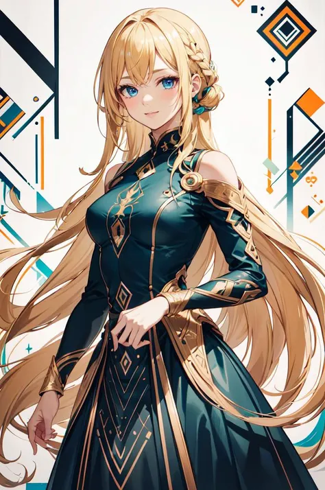 <lora:Geometric design style:0.7> Geometric design style, sd_mai, dress, cowboy shot,, ultra detailed, masterpiece, best quality, aesthetic, detailed,, solo, soft smile, light smile,
1girl, blue eyes, very long hair, blonde hair, long blonde hair, french braid, bangs, medium breasts,
