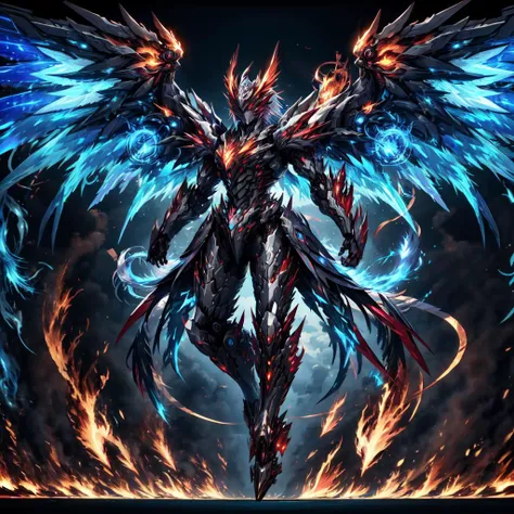 ((best quality)), absurdres, ((ultra high res)), mecha with wings, blue and red flame combined, large wings, dramatic lighting, extremely detailed, <lora:mecha:0.7>