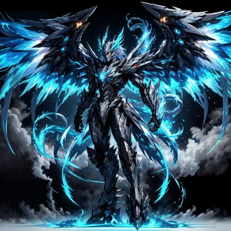 ((best quality)), absurdres, ((ultra high res)), mecha with wings, large wings, tail, blue flame, standing, dramatic lighting, extremely detailed, <lora:mecha:0.7>