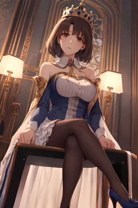 1girl,crown,sitting,queen,jewelry,forehead jewel,palace,luxray,full body,high heels,from below,looking at viewer,wide shot,throne,closed mouth,
(masterpiece:1,2),best quality,masterpiece,highres,original,extremely detailed wallpaper,perfect lighting,(extremely detailed CG:1.2),scowl,expressions,