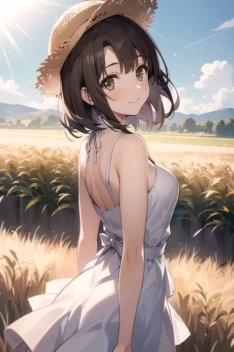 1girl,hmkm1,dark brown eyes,katou megumi,short hair,medium breasts,white dress,straw hat,arms behind back,street,from back,look back,look at viewer,field,rural background,sunlight,smile,<lora:katou_megumi_v1:0.8:sd>