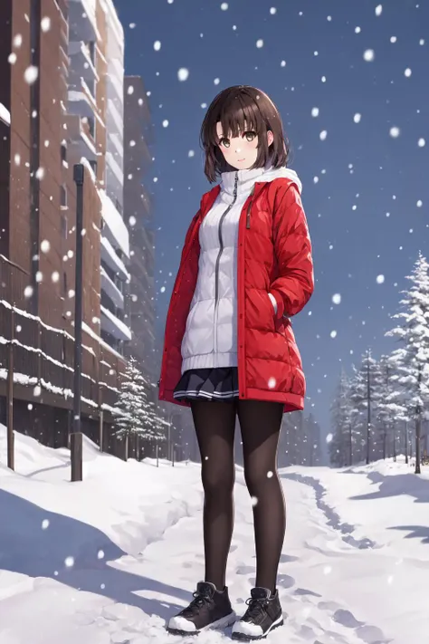 1GIRL,BROWN HAIR,BANGS,SHORT HAIR,MEDIUM BREASTS,ph_katou,katouhdlong,katouhd,
(full body:1.2),
best quality,masterpiece,ultra high res,1girl,looking at viewer,umino,
background,white_background,(standing:1.2),long down jacket,outdoors,snowing,winter clothes,