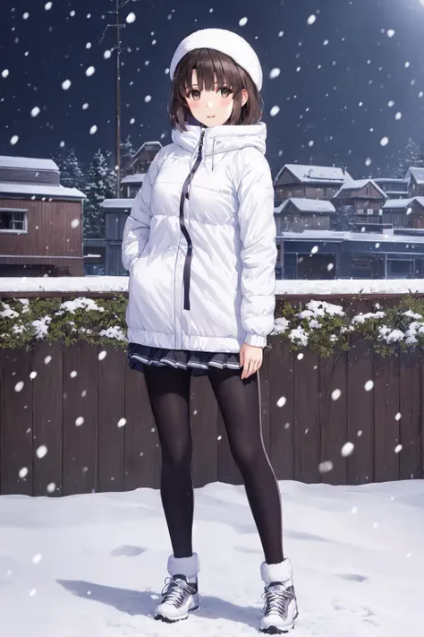 1GIRL,BROWN HAIR,BANGS,SHORT HAIR,MEDIUM BREASTS,ph_katou,katouhdlong,katouhd,
(full body:1.2),
best quality,masterpiece,ultra high res,1girl,looking at viewer,umino,
background,white_background,(standing:1.2),long down jacket,outdoors,snowing,winter clothes,
