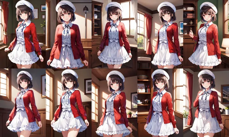 masterpiece, best quality, highres, aamegumi, short hair, beret, white headwear, neck ribbon, frills, white dress, red cardigan, open clothes, long sleeves, white bow, <lora:katou_megumi_v2:0.7>, standing, cowboy shot, indoors, room, smile
