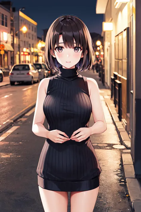 masterpiece, best quality, highres, aamegumi, short hair, <lora:katou_megumi_v2:0.7>, sweater dress, ribbed sweater, virgin killer sweater, turtleneck, sleeveless, outdoors, standing, night, street,