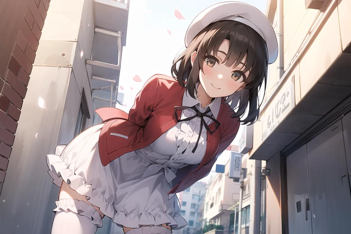 1girl,hmkm1,katou megumi,white dress, red jacket, neck ribbon, beret, frills, bow,smile,look at viewer,bent over,arms behind back,street,from below,falling petal,white thighhighs <lora:katou_megumi_v1:0.8:sd>