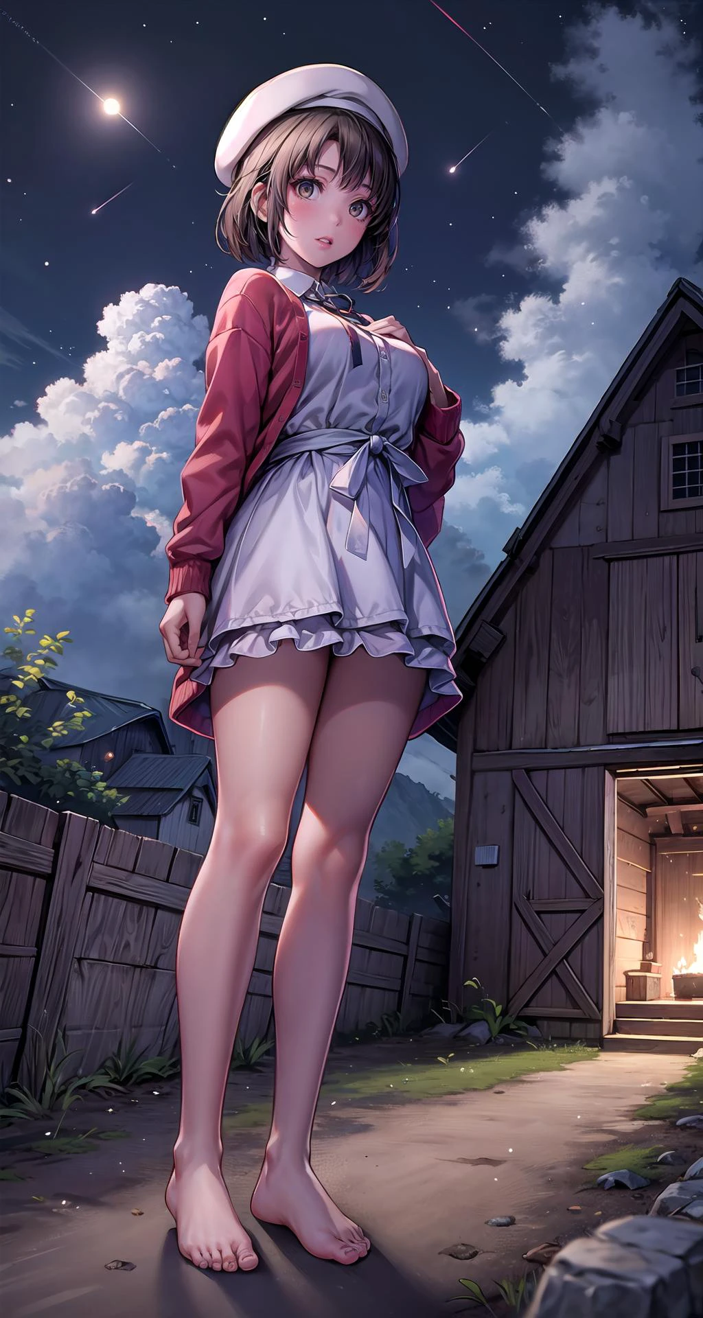 (masterpiece),(intricate details),1girl,mature female,shiny_skin,large breasts
BREAK
<lora:katou_megumi_v1:0.7>,hmkm1, short hair, white headwear, beret, red cardigan, white dress, frills, ribbon, long sleeves, open clothes,
barefoot,depth of field,looking at viewer,((standing on the Farmhouse: Countryside, animals, barn, tranquility, nature)),((full body)),
BREAK
moon,night,meteor,hanabi,((cumulonimbus)),from below:1.2,<lora:more_details:0.3>