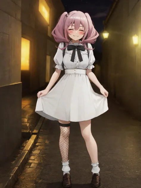 SLE, mksks style, detailed background absurdres, highres, realistic background, full body, <lyco:GoodHands-beta2:1.0>,
BREAK solo, 1girl, <lora:Annette:0.8>, annette, twintails, eyepatch,
BREAK alternate costume, <lora:Jirai Kei fashion:0.7>, jirai fashion, white shirt, frilled shirt, frills, short sleeves, frilled sleeves, neck ribbon, (blue ribbon:0.5), belt, (suspender skirt, suspenders), (black skirt), frilled skirt, asymmetrical legwear, uneven legwear, (single thighhigh, fishnet thighhighs, fishnets), (single sock, bobby sock, frilled legwear, white legwear), loafers, black footwear,
BREAK standing, smile, closed eyes, smile, blush, (skirt lift, clothes lift, lifted by self), facing viewer,
BREAK city, buildings, alley, (night), city lights, lamppost, (neon lights), outdoors