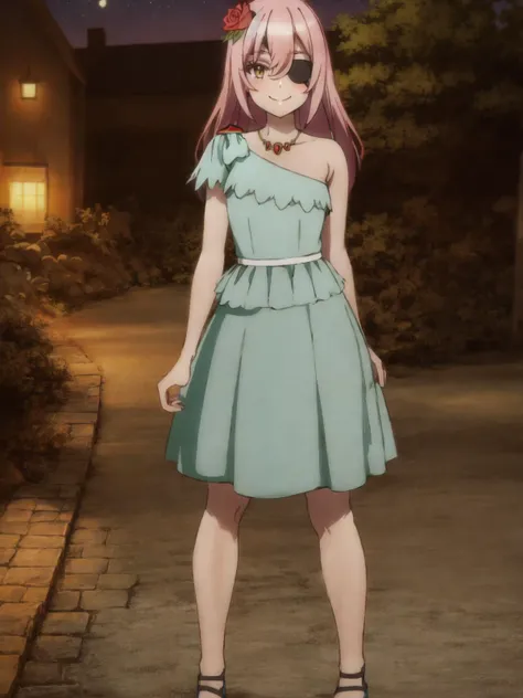 SLE, mksks style, detailed background absurdres, highres, realistic background, full body, <lyco:GoodHands-beta2:1.0>,
BREAK  solo, 1girl, <lora:Annette:1>, annette, eyepatch, hair down,
BREAK dress, hair flower, flower ornament, red rose, red flower, necklace, jewelry, blue dress, single bare shoulder, bare shoulders, red gemstone, high heels, blue footwear,
BREAK standing, crossed legs, contrapposto, hand on hip, smile, blush, looking at viewer, facing viewer,
BREAK park, garden, flowers, fountain, night, starry sky, star \(sky\), full moon, outdoors
