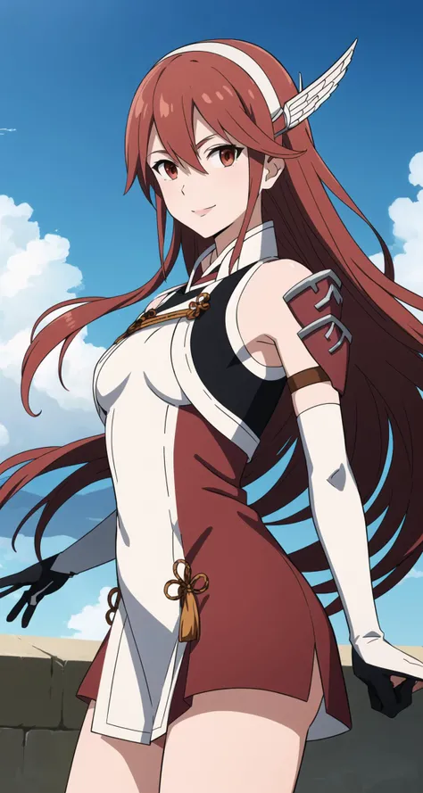 masterpiece, best quality, caeldori, hairband, hair ornament, short dress, shoulder armor, elbow gloves, cowboy shot, blue sky, clouds, looking at viewer, hair blowing in the wind, smile
<lora:caeldori-nvwls-v1:0.9>