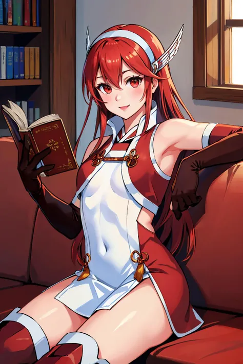 <lora:caeldori-nvwls-v1:0.8> caeldori, hairband, hair ornament, short dress, shoulder armor, ((elbow gloves)), thigh boots
masterpiece, best quality, absurdres, indoors, on couch, reading book, smiling
