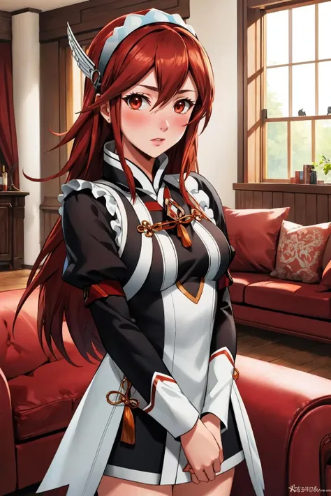 masterpiece, best quality, caeldori, hairband, hair ornament, fates maid, living room, indoors, looking at viewer, blushing, cowboy shot, surprised <lora:caeldori-nvwls-v1-000009:0.7> <lora:FEFatesMaid_v1:1>