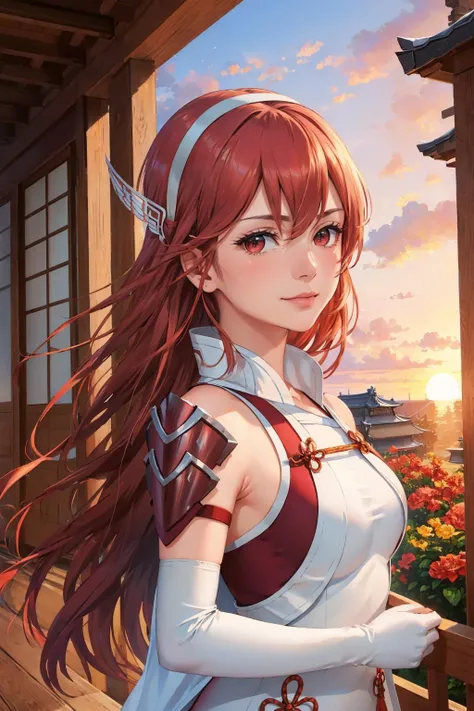 masterpiece, best quality, caeldori, hairband, hair ornament, short dress, shoulder armor, elbow gloves, upper body, japanese architecture, sunrise, pink sky, flowers, looking at viewer, slight smile <lora:caeldori-nvwls-v1-000009:0.9>