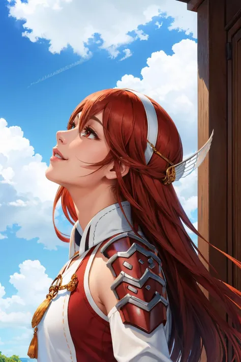 masterpiece, best quality, caeldori, hairband, hair ornament, short dress, shoulder armor, elbow gloves, upper body, looking up, sky, clouds, smile, closed mouth <lora:caeldori-nvwls-v1-000009:0.9>