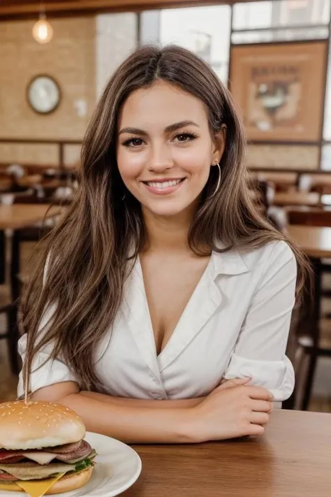 (portrait photo) of (vctj woman:1.0), sitting by the table, at a restaurant, burger on a plate, looking at camera, smiling <lora:VictoriaJusticeDogu_vctj:1>