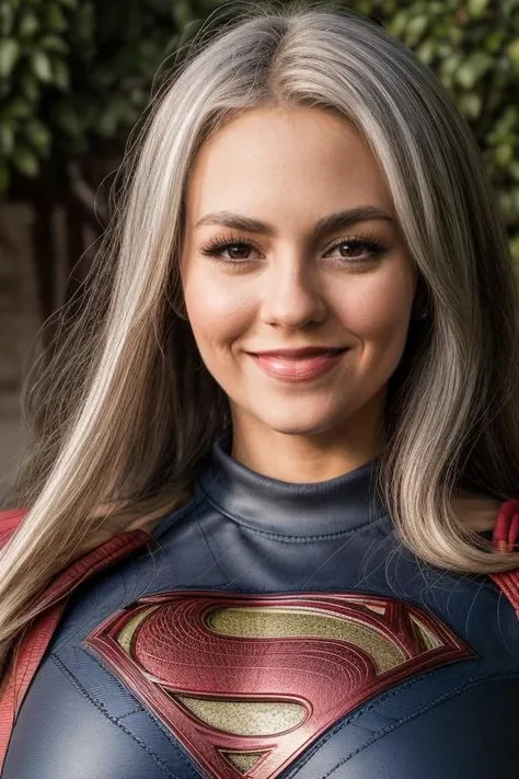 (portrait photo) of (vctj woman:1.0), wearing tight superman suit, HDR, (busty:1.1), (white hair) , outdoors background <lora:VictoriaJusticeDogu_vctj:1>