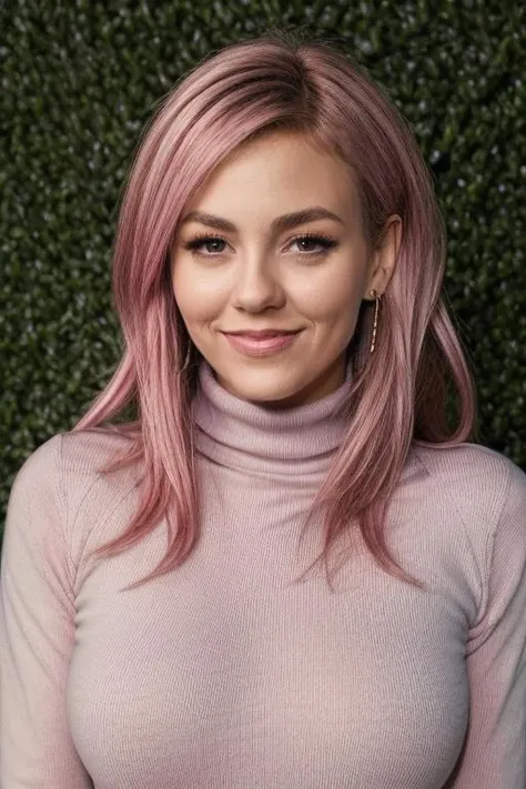 (portrait photo) of (vctj woman:1.0), interested , wearing (blue turtleneck:1.1), (busty:1.1), (pink hair) , outdoors background <lora:VictoriaJusticeDogu_vctj:1>