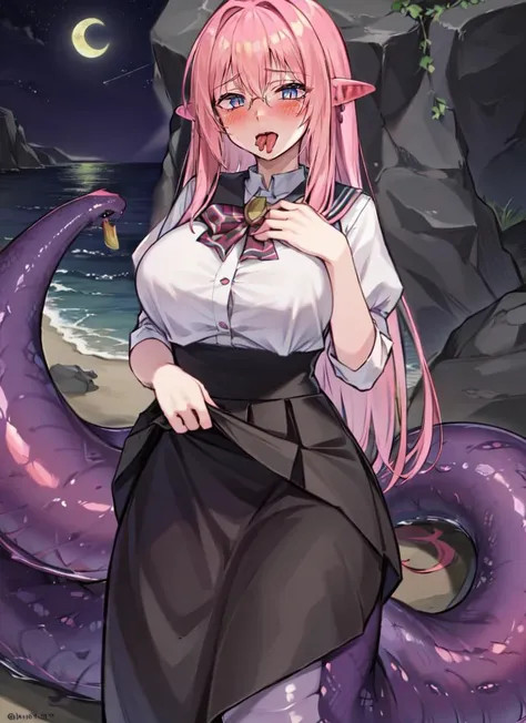 ((best quality)), ((highly detailed)), masterpiece, absurdres, detailed face, beautiful face, (detailed eyes, deep eyes), (1girl), (glasses), clothes lift, lifting skirt, skirt lift, pussy, (female pubic hair), lifted by self, ((blush, embarrassed)), <lora:aiomonstergirls_loraLocon:.1>, <lora:animeLamia_v10:1>, (lamia), scales, tail, merged at waist, (pink scales), <lora:slit-pupils:1>, snake eyes, <lora:slittongue:1>, (slittongue), open mouth, tongue out, (outside, at the coast, horizon, <lora:Concept_RockyBackdrop:1>, rocky backdrop, waves, evening, night sky, stars, moonlight)
