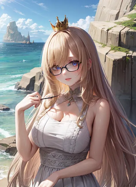 ((best quality)), ((highly detailed)), masterpiece, absurdres, (detailed eyes, deep eyes), (1girl), (glasses), upper body, <lora:hairdetailer:1>, princess, ((very long hair)), curly hair, light brown hair, large dress, (maxi dress), <lora:EraseGroinSkirt:1>, crown, at the coast, horizon, <lora:Concept_RockyBackdrop:1>, rocky backdrop, rocks in the water, wet hair