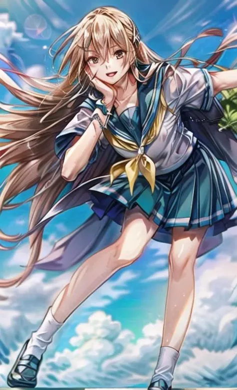 anime artwork extremely detailed CG unity 8k wallpaper, realistic, hand by Guido Daniele, colourful glass,church,lens flare,
1girl, solo, swimsuit, long hair, jewelry, earrings, blonde hair, very long hair, open mouth, looking at viewer, dutch angle, hair between eyes, hair ornament, smile, hand on own cheek, bangs, red eyes,
<lora:add_detail:1>, <lora:serafuku:0.8> white/black/green/blue/pink/yellow japanese school shirt, white/black/green/blue/pink/yellow sailor collar, white/black/green/blue/pink/yellow neckerchief, long/short sleeves, white/black/green/blue/pink/yellow skirt, socks, black shoes