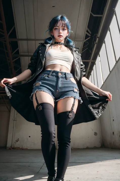 cinematic look,soothing tones,insane details,intricate details,hyperdetailed,(a 29 yo girl, (Zooey Deschanel:0.8)),cute smile,dynamic sexy pose,(full body shot from below:1.3),(highly detailed torn clothes),(wearing black|purple thighhighs, thighhighs straps, short denim shorts, punk tshirt, open leather jacket, choker),thighgap,(perfect face),earring,face freckles,beautiful detailed eyes,black lips,blue hair pigtails,hair between eyes,low contrast,dim colors,exposure blend,faded,slate gray atmosphere,symetrical,35mm,(intricate details:1.12),hdr,(hyperdetailed:1.15),(natural skin texture, hyperrealism, soft cinematic light, sharp:1.2),(skinny, thin body:0.2) <lora:povFacesitting:0.9>,  <lyco:GoodHands-beta2:1>