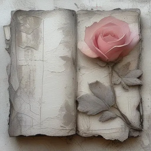 <lora:artfullyparched-v1-000014:1>,
old paper,a shaky old book with roses on it,aerial view,carved books,cracked,distressed edges,dreamy and romantic compositions,fine lines,in the style of broad palette knife marks,in the style of pale palette,in the style of rustic texture,letterboxing,organic sculpting,raw versus finished,rectangular fields,torn,whitewashed narratives,tarot art with flower carvings,apocalypse art,concept art,detailed rendering,dramatic,embossed paper,installation creator,light silver and light purple,light gray and magenta,neo-concrete art,this piece of art looks like a painted face,book art installations,dark white and light violet,daydreampunk,detailed textures,text-based mixed media,layered stencil work,in the style of floral surrealism,
