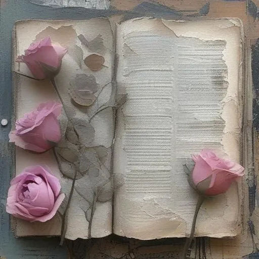 <lora:artfullyparched-v1-000014:1>,
old paper,a shaky old book with roses on it,aerial view,carved books,cracked,distressed edges,dreamy and romantic compositions,fine lines,in the style of broad palette knife marks,in the style of pale palette,in the style of rustic texture,letterboxing,organic sculpting,raw versus finished,rectangular fields,torn,whitewashed narratives,tarot art with flower carvings,apocalypse art,concept art,detailed rendering,dramatic,embossed paper,installation creator,light silver and light purple,light gray and magenta,neo-concrete art,this piece of art looks like a painted face,book art installations,dark white and light violet,daydreampunk,detailed textures,text-based mixed media,layered stencil work,in the style of floral surrealism,<lora:ArtfullyHeadshot:0.8>,<lora:ArtfullyAlien.hs:1>,