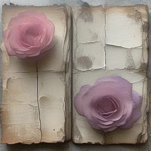 <lora:artfullyparched-v1-000014:1>,
old paper,a shaky old book with roses on it,aerial view,carved books,cracked,distressed edges,dreamy and romantic compositions,fine lines,in the style of broad palette knife marks,in the style of pale palette,in the style of rustic texture,letterboxing,organic sculpting,raw versus finished,rectangular fields,torn,whitewashed narratives,tarot art with flower carvings,apocalypse art,concept art,detailed rendering,dramatic,embossed paper,installation creator,light silver and light purple,light gray and magenta,neo-concrete art,this piece of art looks like a painted face,book art installations,dark white and light violet,daydreampunk,detailed textures,text-based mixed media,layered stencil work,in the style of floral surrealism,