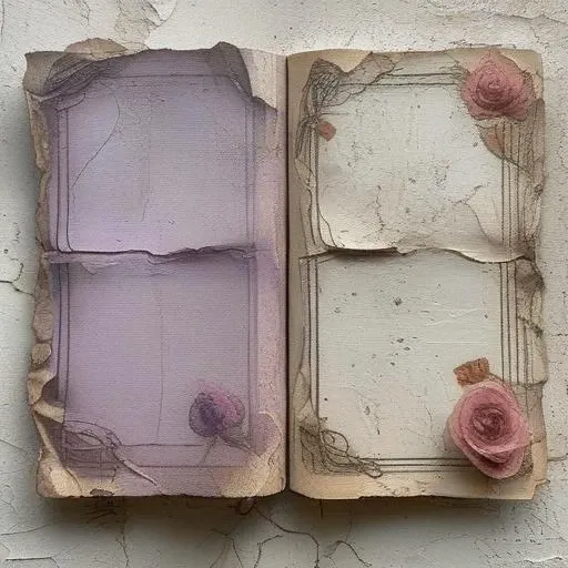 <lora:artfullyparched-v1-000014:1>,
old paper,a shaky old book with roses on it,aerial view,carved books,cracked,distressed edges,dreamy and romantic compositions,fine lines,in the style of broad palette knife marks,in the style of pale palette,in the style of rustic texture,letterboxing,organic sculpting,raw versus finished,rectangular fields,torn,whitewashed narratives,tarot art with flower carvings,apocalypse art,concept art,detailed rendering,dramatic,embossed paper,installation creator,light silver and light purple,light gray and magenta,neo-concrete art,this piece of art looks like a painted face,book art installations,dark white and light violet,daydreampunk,detailed textures,text-based mixed media,layered stencil work,in the style of floral surrealism,