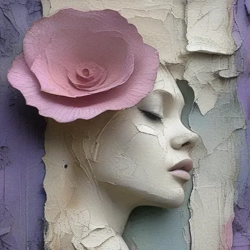 <lora:artfullyparched-v1-000014:1>,
old paper,a shaky old book with roses on it,aerial view,carved books,cracked,distressed edges,dreamy and romantic compositions,fine lines,in the style of broad palette knife marks,in the style of pale palette,in the style of rustic texture,letterboxing,organic sculpting,raw versus finished,rectangular fields,torn,whitewashed narratives,tarot art with flower carvings,apocalypse art,concept art,detailed rendering,dramatic,embossed paper,installation creator,light silver and light purple,light gray and magenta,neo-concrete art,this piece of art looks like a painted face,book art installations,dark white and light violet,daydreampunk,detailed textures,text-based mixed media,layered stencil work,in the style of floral surrealism,<lora:ArtfullyHeadshot:0.8>,<lora:ArtfullyAlien.hs:1>,