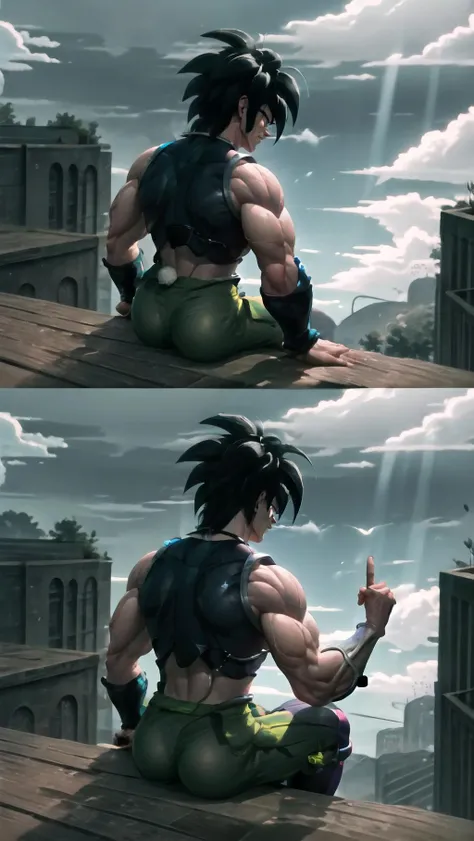 Highly detailed, High Quality, Masterpiece, beautiful, UMaySpankItOnce, 2koma, 1boy, ass, <lora:UMaySpankItOnce:1>, Broly, broly, muscular male, black hair, saiyan armor, <lora:Char_DragonBall_Broly:1>