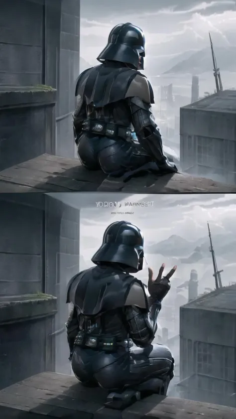 Highly detailed, High Quality, Masterpiece, beautiful, UMaySpankItOnce, 2koma, 1boy, ass, <lora:UMaySpankItOnce:1>, darth vader, Black_outfit,hood, hood_up, darth vader helmet,cape,armor, shoulder armor, <lora:Char_Sigmas_DarthVader:0.7>