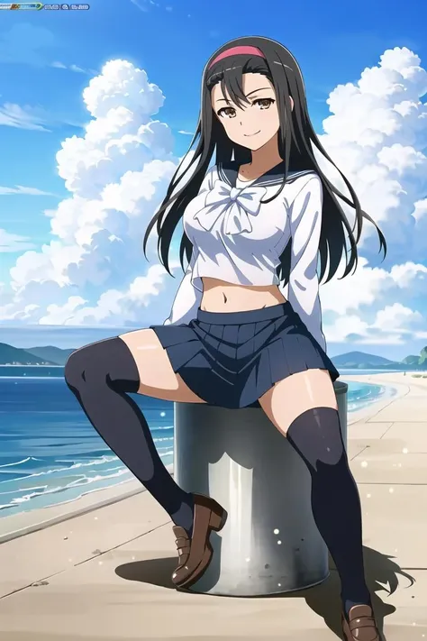 ((masterpiece)),((best quality)),ultra-detailed,illustratio,Explicit,Beautiful body,Beautiful Nose,Beautiful character design,perfect eyes,perfect face,wallpaper,ultra highres,4K,photography,(Beautiful,normal breasts:1.2),(beautiful face:1.2),beautiful legs,perfect legs,shiny skin,official style,official art,sanime screencap,anime coloring,
Kumokawa Seria,1girl,solo,black hair,long hair,brown eyes,school uniform,skirt,navel,hairband,socks,smile,midriff,loafers,bow,serafuku,breasts,kneehighs,full body,looking at viewer,pleated skirt,shoes,brown footwear,sailor collar,blue skirt,white sailor collar,standing,long sleeves,outdoor,<lora:Kumokawa Seria2:0.7>