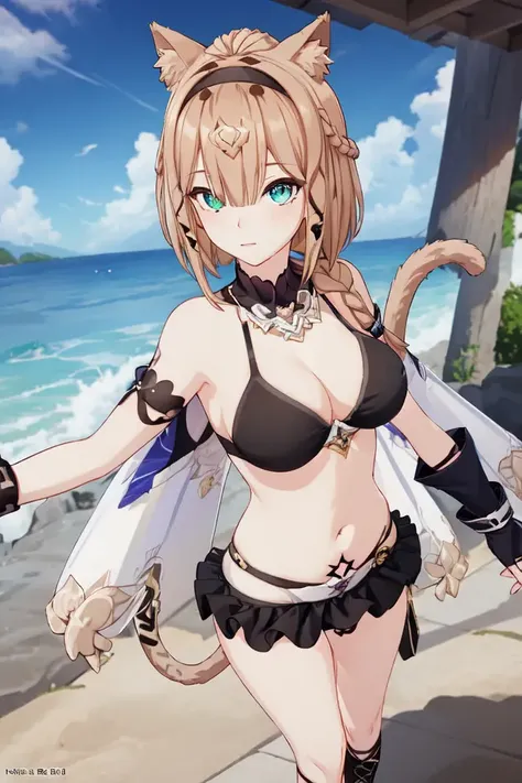 /<lora:P-3-000006_0.8+P-4_0.1:0.8>, ph Pardofelis, ph Pardofelisds, ph Pardofelishd, 1girl, cat ears, solo, blue eyes, brown hair, breasts, bikini top only, braid, navel, black bikini, boots, black gloves, short hair, fingerless gloves, black skirt, cat tail, bangs, asymmetrical gloves, bare shoulders, headband, green eyes, tattoo, midriff, cross-laced footwear, elbow gloves, socks, heterochromia, cleavage, heterochromia, green eyes, braid, bikini top only, (masterpiece:1.6, best quality), (finely detailed beautiful eyes: 1.2), ultra-detailed, illustration,beautiful detailed eyes, looking at viewer, close up, from above, (breasts out:1.3), (off shoulder:1.1), (full_body) , flowers, sky, sea