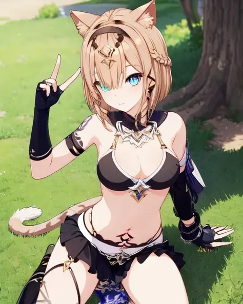 /<lora:P-3-000006_0.8+P-4_0.1:0.8>, ph Pardofelis, ph Pardofelisds, ph Pardofelishd, 1girl, cat ears, solo, blue eyes, brown hair, breasts, bikini top only, weapon, braid, navel, black bikini, boots, black gloves, short hair, fingerless gloves, black skirt, cat tail, bangs, asymmetrical gloves, bare shoulders, holding, headband, green eyes, tattoo, midriff, cross-laced footwear, holding weapon, elbow gloves, socks, heterochromia, cleavage, heterochromia, green eyes, braid, bikini top only, lying on grass, (masterpiece:1.6, best quality), (finely detailed beautiful eyes: 1.2), ultra-detailed, illustration, beautiful detailed eyes, looking at viewer, close up, (breast focus), (off shoulder:1.1), shiny skin,
<lora:flowers_landscape-000014:0.3>, flowers
