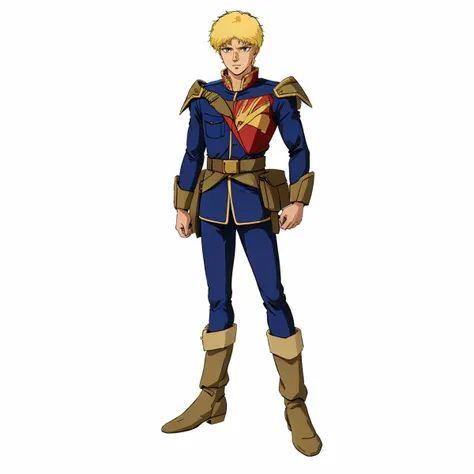 masterpiece,high quality,white background,simple background,
<lora:glemytoto001:0.7>,solo,
glemy_toto,1boy,
solo,short hair,blonde hair,purple eyes,aged down,
military uniform,shoulder armor,blue jacket,long sleeves,zeon,
belt,holster,pants,
brown footwear,boots,
full body,standing,