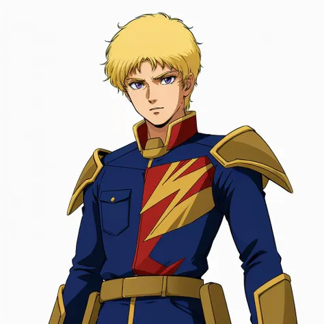 masterpiece,high quality,white background,simple background,
<lora:glemytoto001:0.6>,solo,
glemy_toto,1boy,
solo,short hair,blonde hair,purple eyes,aged down,
military uniform,shoulder armor,blue jacket,long sleeves,zeon,
belt,holster,pants,
