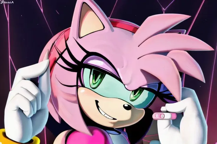 Amy Rose, holding pregnancy tests, positive pregnancy tests, pink hedgehog, winking, looking at camera, smiling, relaxed, feminine, sexy