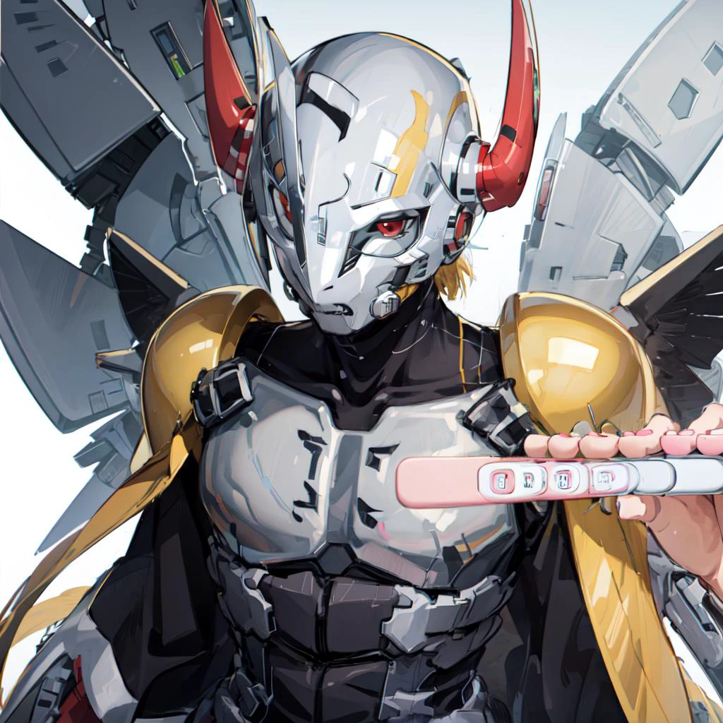 <lora:pregnant-05:1.5>, (pregnancy test:1.5), <lora:WargreymonFRL22nO:.9> (wargreymon:1.2), solo, male, 1man, male focus, armor
