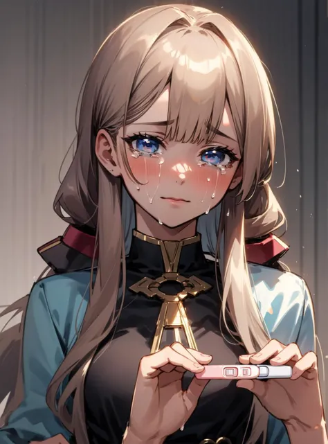masterpiece, best quality, ultra-detailed, highres, ,<lyco:pregnant-05:1.0>,holding, ((pregnancy test)), pregnancy announcement, pregnancy test strip,,(upper body),1girl, long hair, looking at viewer, crying,