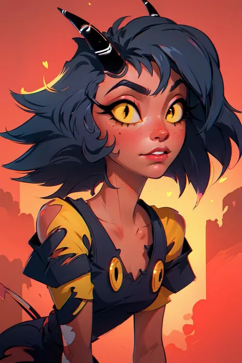 ( hbmillie:1), (black hair), (red skin, demon, imp:1.2), (yellow eyes, glowing yellow eyes, demon eyes, yellow sclera:1.2), (demon girl, colored skin, red skin, horns, colored sclera, yellow sclera, tail, torn clothes, off-shoulder shirt, fingerless gloves), (realistic:1.2), (masterpiece:1.2), (full-body-shot:1),(Cowboy-shot:1.2), hell background, hell, imp, magical neon lighting, dark romantic lighting, (highly detailed:1.2),(detailed face:1.2), (gradients), colorful, detailed eyes, (detailed landscape:1.2), (natural lighting:1.2),(detailed background),detailed landscape, (cute pose:1.2), close shot, solo, <lora:helluvaboss_millie-11:0.99> <lora:add_detail:0.3> <lora:hipoly3DModelLora_v10:0.05> <lora:RSERomantic_RSESofiko_RSEEmma-v1:0.1>